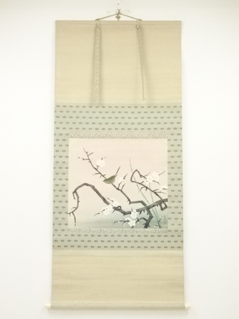 JAPANESE HANGING SCROLL / HAND PAINTED / WHITE PLUM UME BLOSSOM 